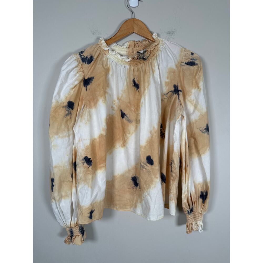 SEA New York Tamara White Cream Tie Dye Long Puff Sleeve Mock Neck Blouse Medium